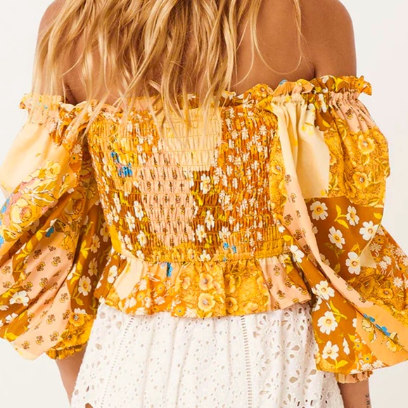 Spell x Free People Freda Shirred XS Yellow Organic Cotton Patchwork Smocked Top - Picture 11 of 16